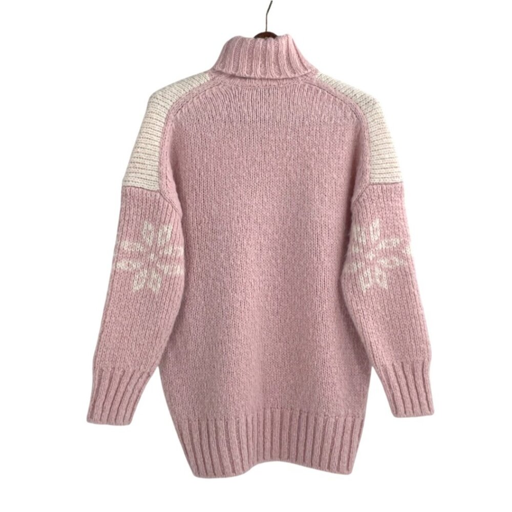 J. Crew Womens Small Snowflake Turtleneck Sweater Pink White Wool Alpaca Cozy - Picture 2 of 8
